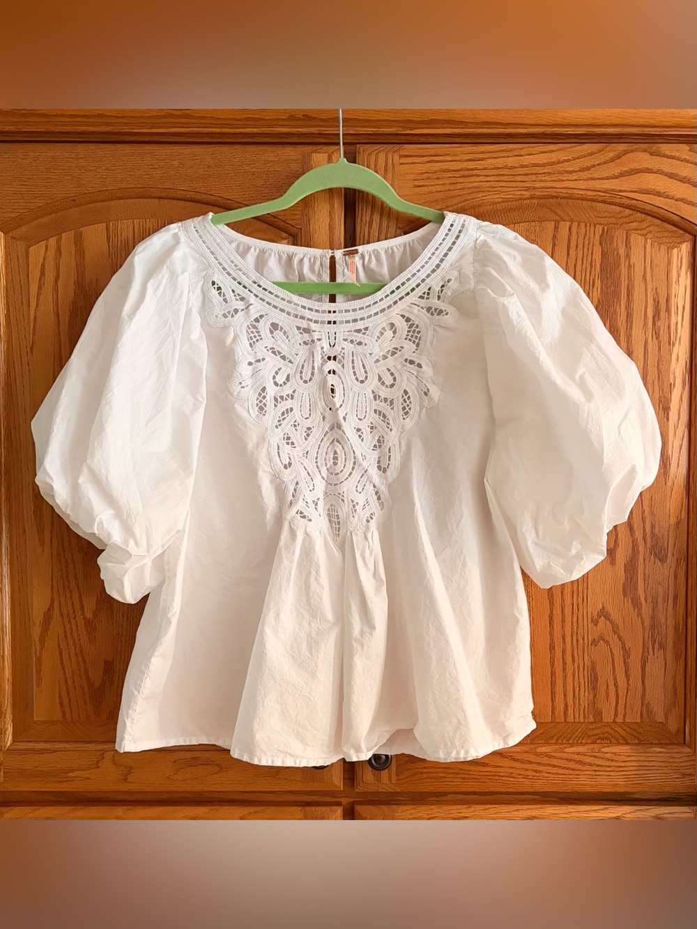 Free People White Eyelet Crochet Puff-Sleeve Top